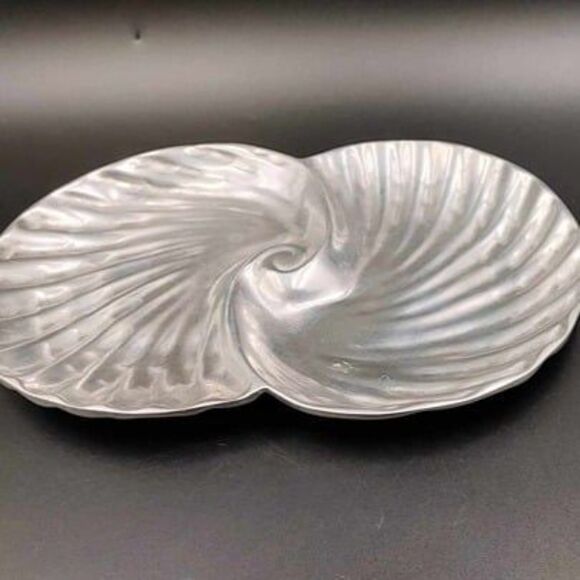 VTG Double Seashell Tray Dish Ocean Beach Hollywood Regency Mexico Pewter Silver - Picture 3 of 10